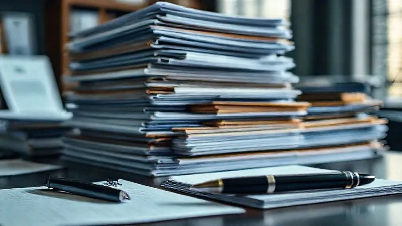 A photorealistic image of stacks of neatly organized legal files and documents on a desk, with a pen and notepad, emphasizing meticulous preparation, cinematic lighting, sharp focus, depth of field, 8K hyper-detailed.