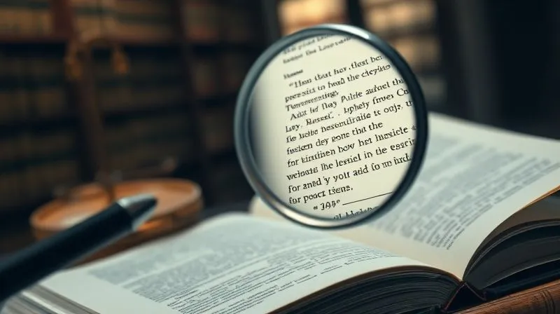 A photorealistic image of a magnifying glass hovering over open law books and legal documents, with specific highlighted text visible under the lens, emphasizing precision and detail in legal research. The background is a dimly lit, professional law library, 8K, cinematic lighting, sharp focus on the documents, depth of field blurring the background, shot on a high-end DSLR.