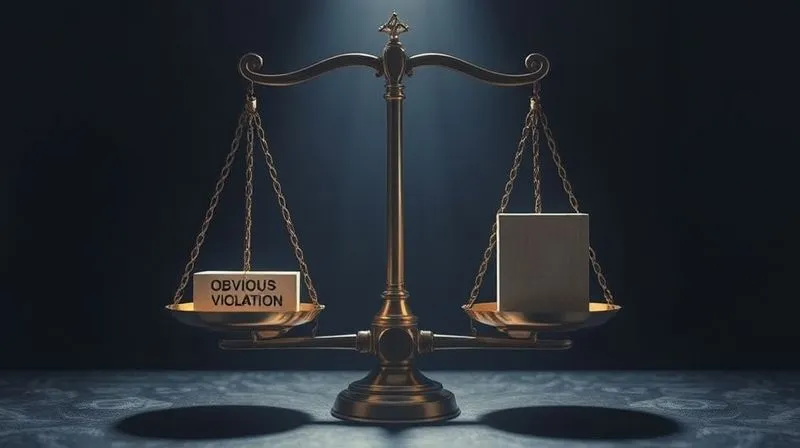 A photorealistic image of a classic scales of justice, perfectly balanced but with one side clearly weighted down by a single, undeniable, heavy block labeled 'Obvious Violation', while the other side remains empty. The background is dark and somber, with a beam of light illuminating the scales. 8K, cinematic lighting, sharp focus on the scales, depth of field, shot on a high-end DSLR.