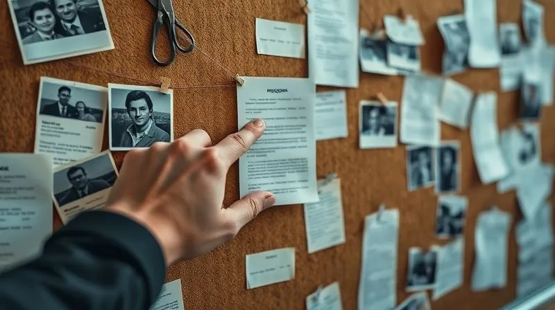 A photorealistic image of a corkboard covered with documents, photographs, and strings connecting various pieces of evidence, resembling a detective's investigation board. A focused hand points to a crucial document. The scene is well-lit, professional, and intense, conveying meticulous evidence gathering. 8K, cinematic lighting, sharp focus on the board, depth of field, shot on a high-end DSLR.