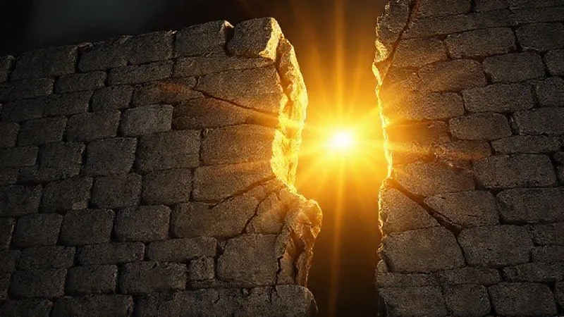 Photorealistic, professional photography, 8K, cinematic lighting, sharp focus, depth of field, shot on a high-end DSLR. A towering, ancient stone wall representing 'State Immunity' with cracks forming, through which a brilliant, golden light labeled 'Jus Cogens' is powerfully emanating, symbolizing a fundamental moral imperative breaking through legal barriers. The scene is dramatic and hopeful, set against a dark, somber background.