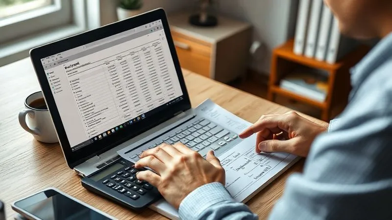 A photorealistic image of a person meticulously reviewing a detailed personal budget spreadsheet on a laptop, with a calculator and coffee cup nearby. The scene is set at a home office desk, with focused lighting, 8K, sharp focus on the person and screen, depth of field blurring the background, shot on a high-end DSLR.