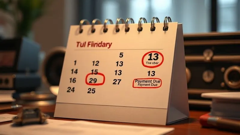 A photorealistic image of a desk calendar with important dates circled in red, highlighting 'Chapter 13 Payment Due' reminders. There's a focused, organized feel to the image, with a subtle depth of field. 8K, sharp focus on the calendar, cinematic lighting, shot on a high-end DSLR.