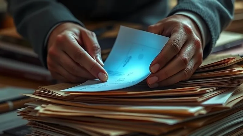A photorealistic close-up of hands meticulously sorting through various documents, some appearing official or aged, with a bright light illuminating a specific, newly discovered piece of paper. The background is a blurred stack of files, conveying careful legal work, sharp focus, depth of field, 8K hyper-detailed, professional photography.