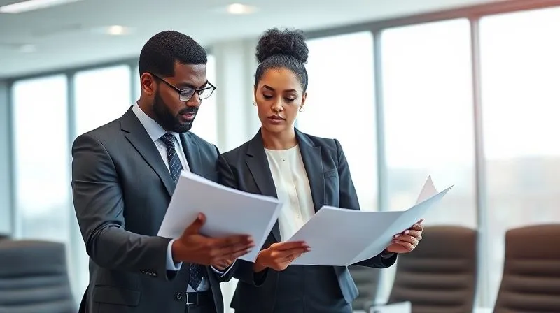 A photorealistic, professional photography image of a diverse legal team (two individuals, one male, one female, both professional attire) intently discussing legal documents and strategy in a modern, well-lit conference room. There's a sense of collaboration and serious focus, sharp focus on their faces and documents, depth of field, 8K hyper-detailed.
