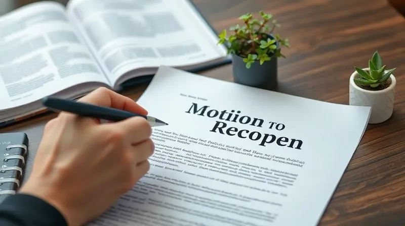 A photorealistic image of a legal document titled 'Motion to Reopen' being reviewed by a hand holding a pen, with a background of blurred legal texts and a small, hopeful plant on a desk. The lighting is focused and professional, sharp focus on the document, depth of field, 8K hyper-detailed, professional photography.