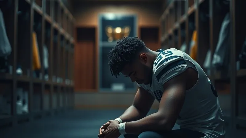 A photorealistic image of an athlete sitting alone in a locker room, head in hands, with the blurred background showing a trophy case. The lighting is somber, emphasizing feelings of isolation and pressure. Sharp focus on the athlete, depth of field, 8K hyper-detailed, professional photography, shot on a high-end DSLR.