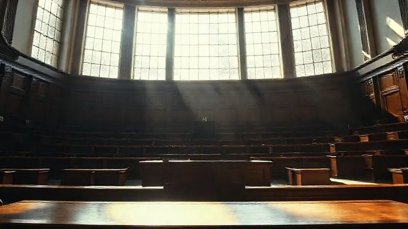 A photorealistic, low-angle shot of a courtroom, with the judge's bench prominently in the foreground, and empty jury boxes in the mid-ground. Sunlight streams through large windows, creating dramatic shadows and highlighting the formal architecture. The scene conveys solemnity and the weight of legal proceedings. 8K, cinematic lighting, sharp focus, depth of field.