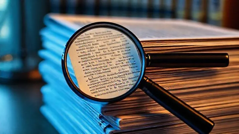A close-up, photorealistic image of a stack of legal documents and bound volumes, with a magnifying glass resting on top, highlighting a specific, almost illegible passage. The scene is lit with dramatic, cinematic lighting, emphasizing the details and complexity of legal research. Sharp focus on the documents, depth of field blurring the background, 8K hyper-detailed, shot on a high-end DSLR.