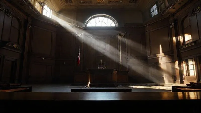 A photorealistic, professional photography image of a dimly lit, empty courtroom with sunlight streaming through large windows, highlighting the judge's bench. The perspective is from the petitioner's table, conveying a sense of anticipation and the gravity of legal proceedings. Cinematic lighting, sharp focus on the bench, depth of field blurring the background, 8K hyper-detailed, shot on a high-end DSLR.