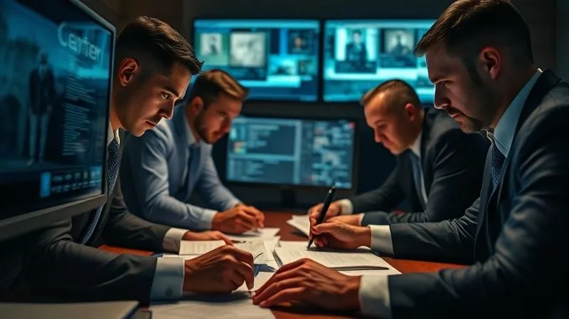 A photorealistic close-up of a legal team meticulously reviewing digital evidence on multiple screens, notes scattered around, a focused, determined atmosphere. Cinematic lighting highlights the screens and faces, sharp focus on the documents and screens, depth of field blurring the background, 8K hyper-detailed, professional photography, shot on a high-end DSLR.