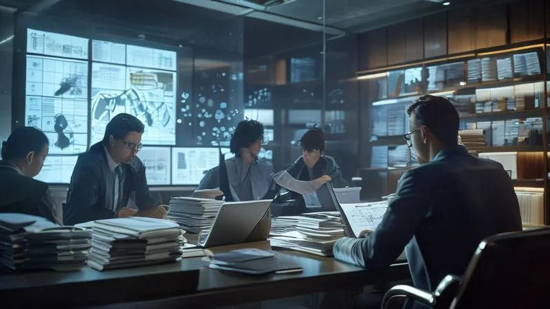 A photorealistic image of a legal team meticulously organizing stacks of documents, evidence boards with timelines, and digital files on a large screen. The scene is in a modern, well-lit law office, showing intense focus and collaboration. 8K, cinematic lighting, sharp focus, depth of field, shot on a high-end DSLR.