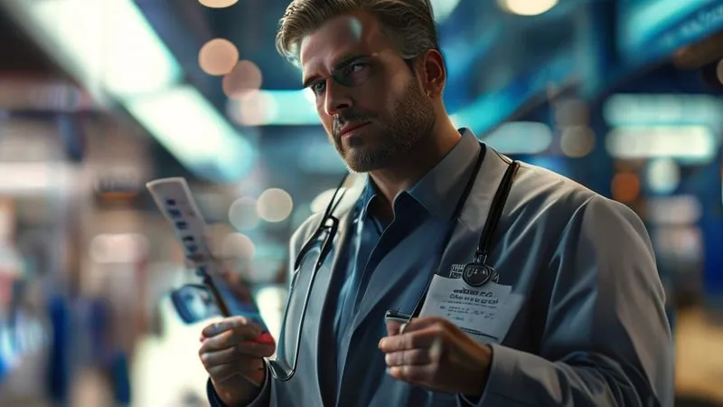 A photorealistic image of a professional, perhaps a doctor or engineer, confidently looking forward, with a shining, reinstated professional license in hand. The background is a blurred, bustling professional environment, symbolizing a return to work. 8K, cinematic lighting, sharp focus on the person and license, depth of field, shot on a high-end DSLR, conveying triumph and renewed purpose.