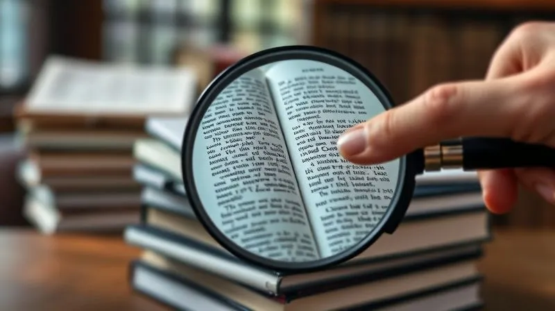 A photorealistic image of a magnifying glass hovering over a section of dense legal text, with a hand pointing to a specific word or phrase. The background is a stack of legal books in a professional office, with soft, focused light. 8K hyper-detailed, professional photography, shot on a high-end DSLR.