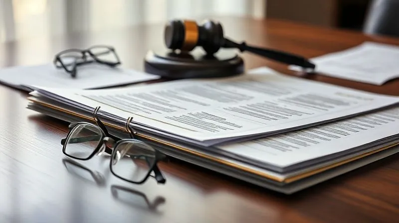 A photorealistic, professional image of a legal brief or appeal document with tabs and highlighted sections, resting on a conference table next to a gavel and a pair of reading glasses. The lighting is soft and professional, emphasizing the details of the documents. 8K hyper-detailed, professional photography, shot on a high-end DSLR.