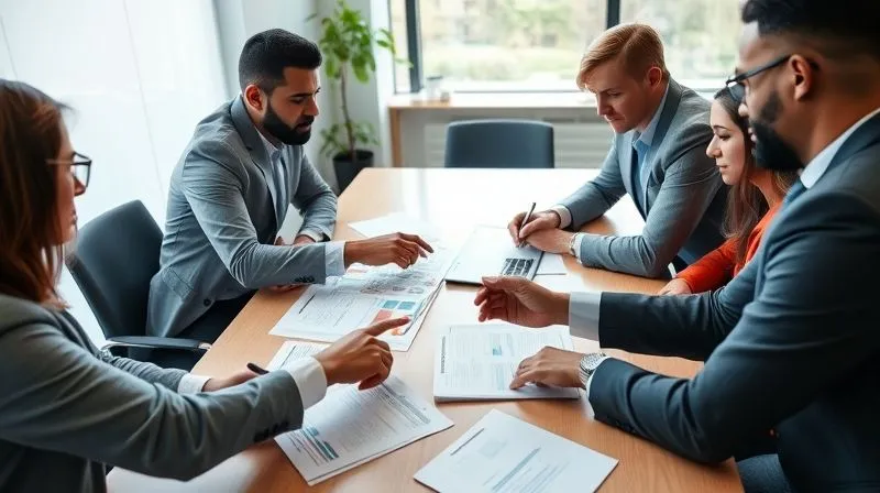 A photorealistic, professional image of a diverse group of people (lawyer, client, expert) collaboratively reviewing documents around a modern conference table. Focus is on their hands pointing at papers and screens, suggesting teamwork and detailed analysis. Soft, natural light fills the room. 8K hyper-detailed, professional photography, shot on a high-end DSLR.