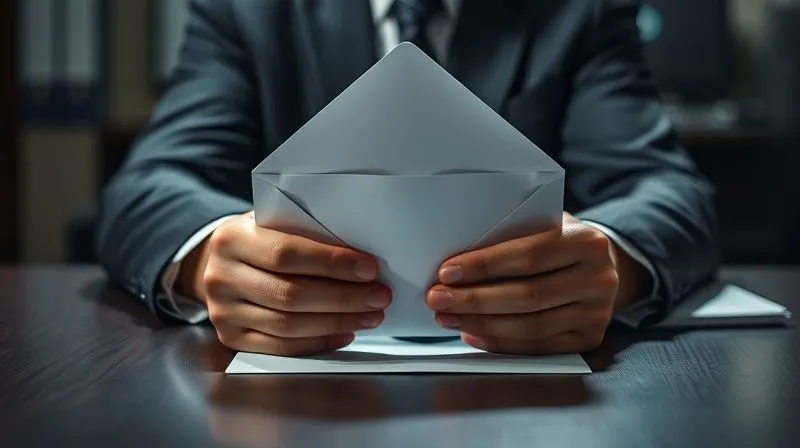 A photorealistic, professional photography shot of a serious business person's hands carefully opening an official, ominous-looking legal envelope on a sleek, modern desk under dramatic, cinematic lighting. The focus is sharp on the hands and the document, with a blurred background suggesting a high-stakes corporate environment. 8K hyper-detailed, shot on a high-end DSLR.