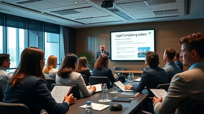 A photorealistic, professional photography shot of a diverse group of business professionals engaged in an interactive training session in a modern conference room. A speaker is presenting on a screen showing legal compliance guidelines, while attendees take notes and ask questions. The scene is well-lit with cinematic lighting, sharp focus on the participants, and a shallow depth of field. 8K hyper-detailed, shot on a high-end DSLR.