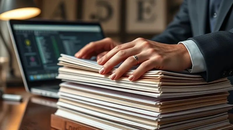A photorealistic, professional photography, 8K, cinematic lighting, sharp focus, depth of field, shot on a high-end DSLR image of a lawyer's hands meticulously sifting through a stack of thick, bound legal documents, with a laptop open to a legal research database in the background, illuminated by a desk lamp. The scene conveys intense focus and diligence.