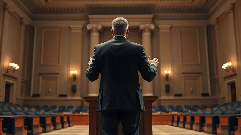 A photorealistic, professional photography, 8K, cinematic lighting, sharp focus, depth of field, shot on a high-end DSLR image of a lawyer, dressed in a sharp suit, standing confidently at a podium in a grand, empty federal courtroom, gesturing thoughtfully while addressing an unseen panel of judges. The lighting is dramatic, highlighting the speaker and the imposing architecture.