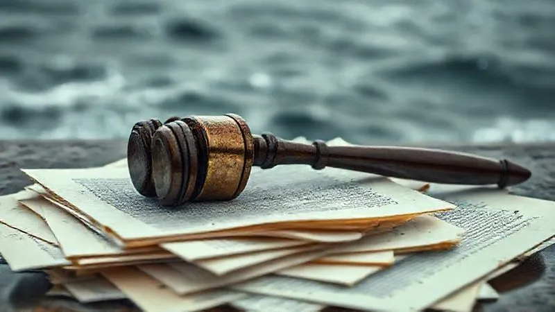 A photorealistic image of a broken gavel resting on a pile of faded, water-damaged documents, with a blurred background of a stormy sea, conveying a sense of lost justice and legal consequences. Cinematic lighting, sharp focus on the gavel and documents, depth of field, 8K, professional photography.