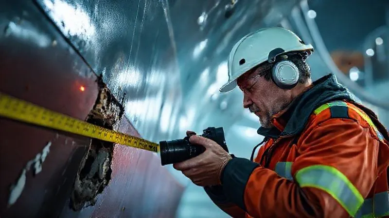 A photorealistic image of a ship's officer diligently photographing damage to the vessel's hull with a high-resolution camera, a measuring tape visible near the impact point. The officer is wearing safety gear. Professional photography, 8K, cinematic lighting, sharp focus on the damage and camera, depth of field blurring the background, shot on a high-end DSLR.