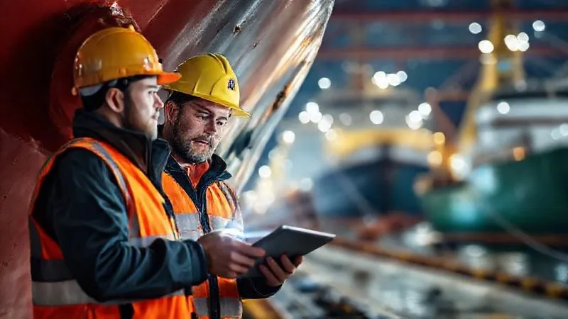 A photorealistic image of two marine surveyors, one wearing a hard hat and safety vest, inspecting a large scrape on a ship's hull with a flashlight, while the other notes details on a tablet. The scene is at a bustling port, with other vessels in the blurred background. Professional photography, 8K, cinematic lighting, sharp focus on the surveyors and damage, depth of field, shot on a high-end DSLR.