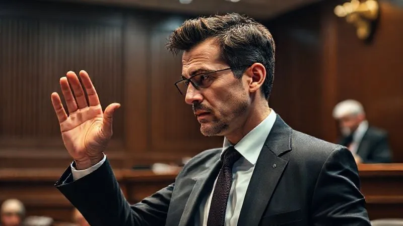 Photorealistic, professional photography, 8K, cinematic lighting, sharp focus, depth of field, shot on a high-end DSLR. A male lawyer, mid-sentence, standing confidently in a courtroom, raising his hand slightly as he articulates a precise legal objection, a judge's profile visible in the background, conveying a moment of critical legal intervention.