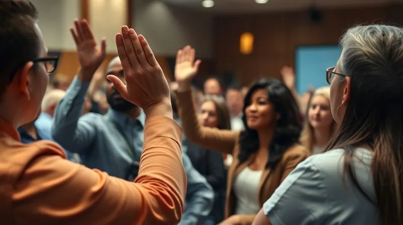 A photorealistic image of a diverse group of citizens actively engaging in a public forum, raising hands, with agency officials listening intently, cinematic lighting, sharp focus on the interaction, depth of field.