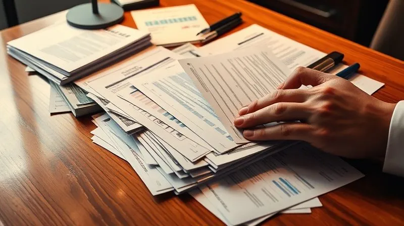 A photorealistic image of a person's hands meticulously organizing and categorizing a stack of diverse financial documents, including bank statements, tax returns, and investment reports, spread out on a polished wooden desk. The scene is lit with warm, professional cinematic lighting, sharp focus on the documents, and a shallow depth of field, conveying diligence and financial security. 8K hyper-detailed, shot on a high-end DSLR.