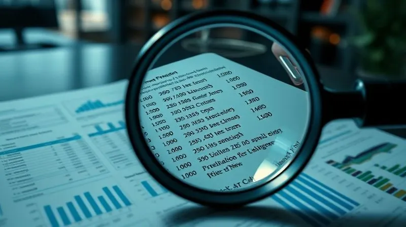 A photorealistic close-up image of a magnifying glass hovering over complex financial ledgers and spreadsheets, with a blurred background of a dimly lit office. The scene features sharp focus on the intricate numbers and text under the magnifying glass, cinematic lighting highlighting the details, and a shallow depth of field, conveying meticulous investigation and discovery. 8K hyper-detailed, shot on a high-end DSLR.