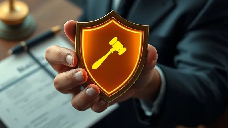 A photorealistic, strong and protective hand holding a glowing, stylized shield with a legal gavel symbol, standing firm against a backdrop of blurred, challenging legal documents. The image uses dramatic, cinematic lighting, sharp focus on the hand and shield, and a shallow depth of field, conveying protection and enforcement in a legal context. 8K hyper-detailed, shot on a high-end DSLR.