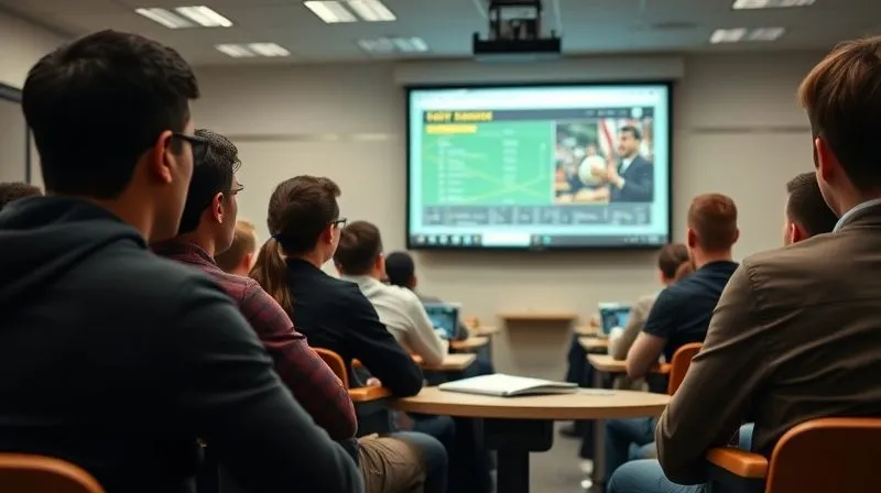A photorealistic image of a diverse group of college athletes in a classroom setting, attentively listening to a legal expert presenting on a screen about sports betting compliance. professional photography, 8K, cinematic lighting, sharp focus, depth of field, shot on a high-end DSLR.