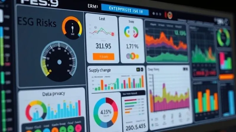 A photorealistic 3D rendering of a complex enterprise risk management (ERM) dashboard. The dashboard displays interconnected gauges, heatmaps, and data visualizations. One prominent section focuses on 'ESG Risks,' showing metrics for climate change, supply chain ethics, and data privacy, all color-coded for severity. The overall impression is one of comprehensive, real-time risk monitoring. Cinematic lighting, sharp focus, depth of field, 8K hyper-detailed.