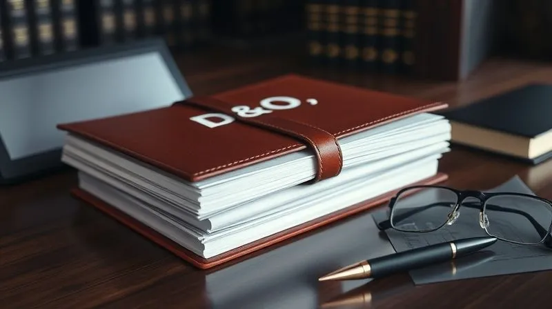 A photorealistic image of a stack of legal documents and contracts, bound with a sophisticated leather strap, prominently featuring a stylized 'D&O' and 'Indemnification' on the cover. The documents are placed on a polished dark wood desk in a modern, subtly lit law office. A pen and a pair of reading glasses are nearby, suggesting careful review. The scene emphasizes protection, legal rigor, and attention to detail. Cinematic lighting, sharp focus, depth of field, 8K hyper-detailed.