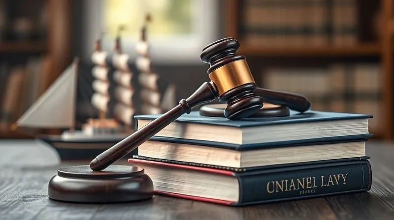 A photorealistic image of a gavel resting on a stack of legal books next to a miniature ship model, symbolizing maritime law and dispute resolution. Professional photography, 8K, cinematic lighting, sharp focus on the gavel and books, depth of field blurring the background, shot on a high-end DSLR.