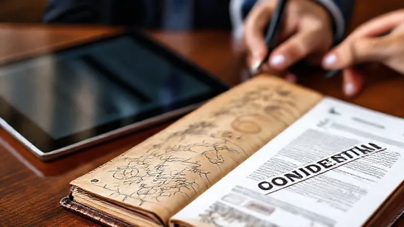 A photorealistic image of a vintage leather-bound notebook with intricate sketches and detailed notes, open on a mahogany desk. Next to it, a modern tablet displays a digital document with a prominent 'CONFIDENTIAL' stamp. A professional hand is signing a document in the background. Cinematic lighting, sharp focus, depth of field, 8K hyper-detailed, professional photography, shot on a high-end DSLR.