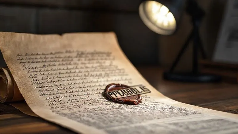A photorealistic image of a vintage scroll of paper with intricate, handwritten text and a wax seal, representing a trade secret. In the background, a modern, minimalist digital interface shows a 'PUBLISHED' stamp over a technical document, symbolizing defensive publishing. The scene is illuminated by a focused spotlight, highlighting the contrast between traditional and modern protection methods. Cinematic lighting, sharp focus, depth of field, 8K hyper-detailed, professional photography, shot on a high-end DSLR.