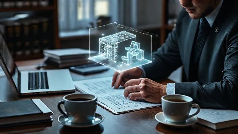 A photorealistic image of a patent attorney's desk, with a focused legal professional reviewing complex patent documents and a glowing 3D hologram of a product design hovering above. Legal books, a laptop displaying patent databases, and a coffee cup are neatly arranged. Cinematic lighting, sharp focus on the attorney's hands and the hologram, depth of field, 8K hyper-detailed, professional photography, shot on a high-end DSLR.