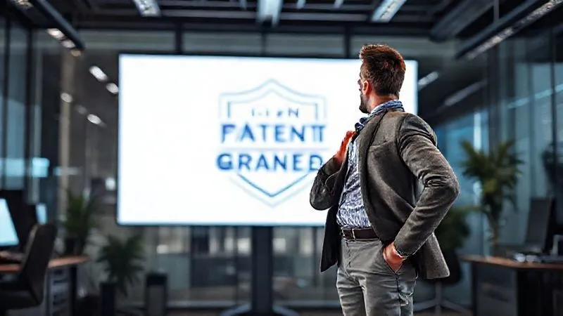 A photorealistic image of a triumphant entrepreneur standing in a high-tech office, looking confidently at a large screen displaying a successful product launch graphic with 'Patent Granted' overlay. Behind them, a blurred image of a competitor's logo is partially obscured by a protective shield. Cinematic lighting, sharp focus on the entrepreneur, depth of field, 8K hyper-detailed, professional photography, shot on a high-end DSLR.