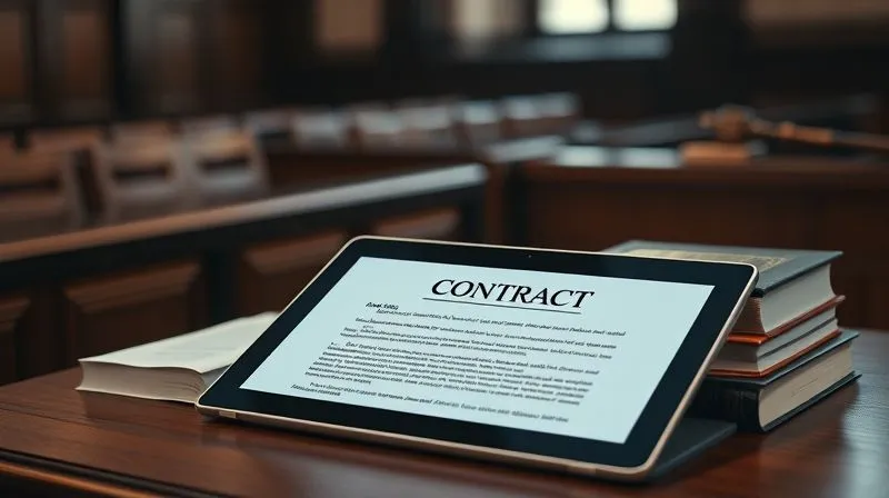 A photorealistic, professional photography, 8K, cinematic lighting, sharp focus, depth of field, shot on a high-end DSLR, depicting a judge's bench with a modern tablet displaying a digital contract, juxtaposed with traditional law books, symbolizing the intersection of digital evidence and legal scrutiny in a courtroom setting.