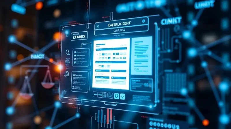 A photorealistic, professional photography, 8K, cinematic lighting, sharp focus, depth of field, shot on a high-end DSLR, depicting a futuristic, glowing holographic interface displaying complex legal documents and data visualizations, with subtle AI neural network patterns in the background, symbolizing advanced legal tech and future contract security.