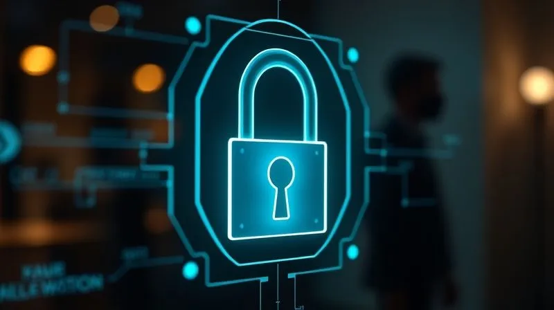A photorealistic, professional photography, 8K, cinematic lighting, sharp focus, depth of field, shot on a high-end DSLR, of a secure, glowing padlock integrated into a digital interface, with a subtle human silhouette in the background, symbolizing protection for whistleblowers and confidential reporting channels in a corporate setting. The lighting is soft but emphasizes security and trust.