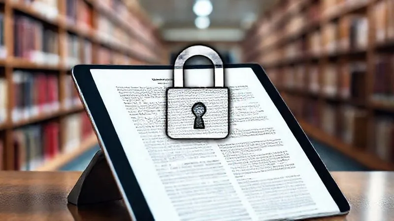 A photorealistic image of a detailed policy document open on a tablet, with a strong, secure padlock icon overlaid digitally, set against a blurred academic library background. Professional photography, 8K, cinematic lighting, sharp focus, depth of field, shot on a high-end DSLR.