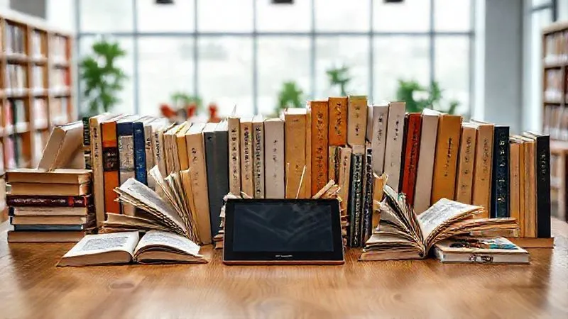 A photorealistic image of a diverse collection of open books and digital tablets, symbolizing Open Educational Resources and licensed content, arranged harmoniously on a polished wooden table in a bright, modern learning space. Professional photography, 8K, cinematic lighting, sharp focus, depth of field, shot on a high-end DSLR.