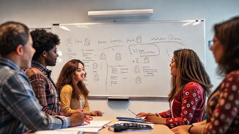 A photorealistic image of a group of diverse educators collaboratively discussing content on a whiteboard, with subtle digital 'copyright safe' icons appearing around their work, conveying a shared understanding and ethical approach. Professional photography, 8K, cinematic lighting, sharp focus, depth of field, shot on a high-end DSLR.