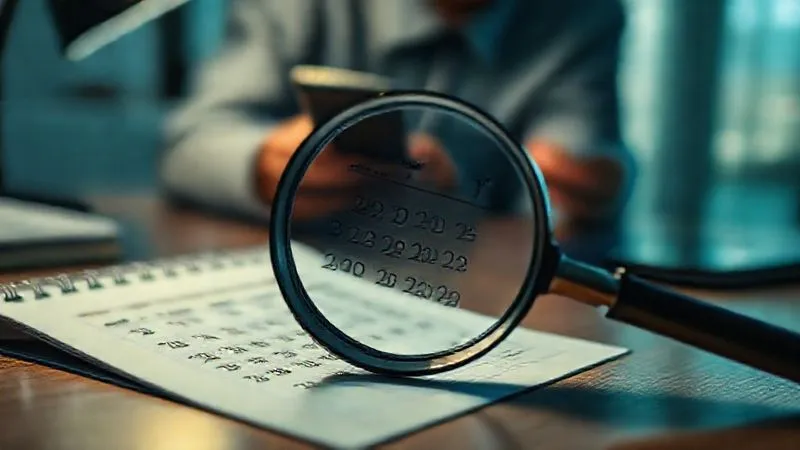 A photorealistic image showing a magnifying glass over a calendar, highlighting suspicious patterns of absences, juxtaposed with a blurred image of a person checking social media on a phone in the background. The scene is set on a professional desk, cinematic lighting, sharp focus on the calendar and magnifying glass, depth of field, 8K hyper-detailed, professional photography.
