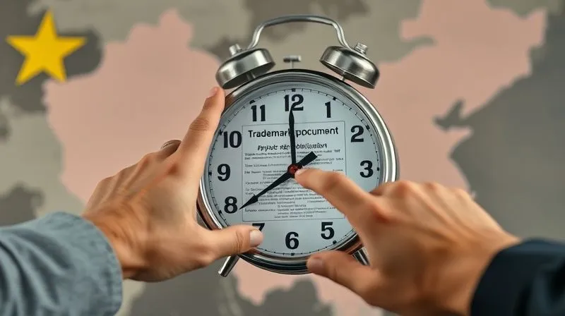 A photorealistic image of a race against time, a hand reaching for a trademark application document while a clock ticks rapidly, set against a backdrop of a stylized map of China, cinematic lighting, sharp focus on the hand and document, depth of field blurring the background, 8K hyper-detailed, professional photography.