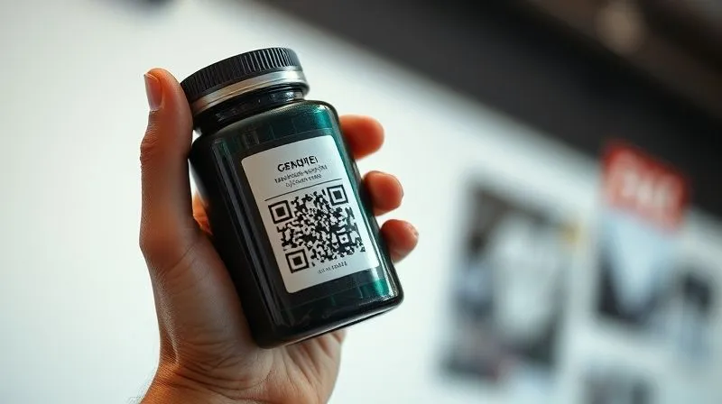 A photorealistic image of a hand holding a genuine product with a secure anti-counterfeiting label (e.g., a holographic sticker or QR code), contrasting sharply with a blurred, inferior fake version in the background. The lighting is strong and directed, highlighting the details of the genuine product, with a shallow depth of field. 8K hyper-detailed, professional photography, shot on a high-end DSLR.