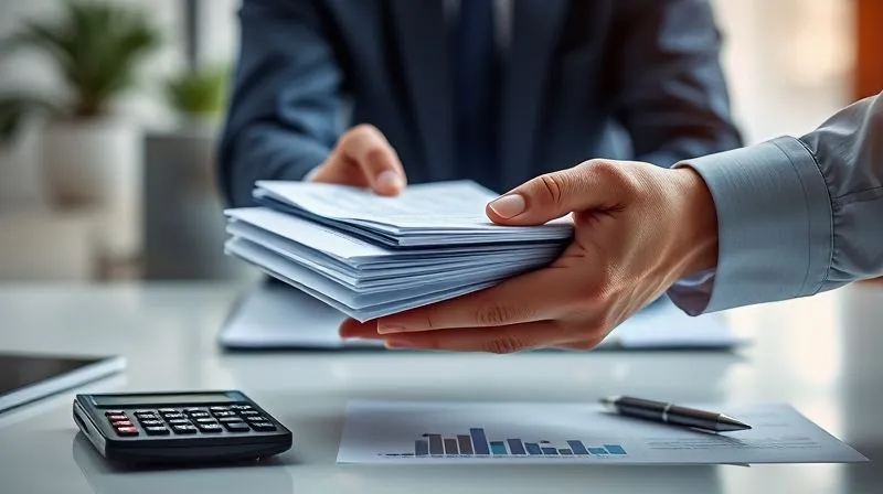 A photorealistic image of two hands exchanging a stack of neatly organized financial documents, with a calculator and a pen visible on a clean desk. The background is a softly blurred modern office setting, emphasizing transparency and meticulousness. 8K, cinematic lighting, sharp focus, depth of field, shot on a high-end DSLR.